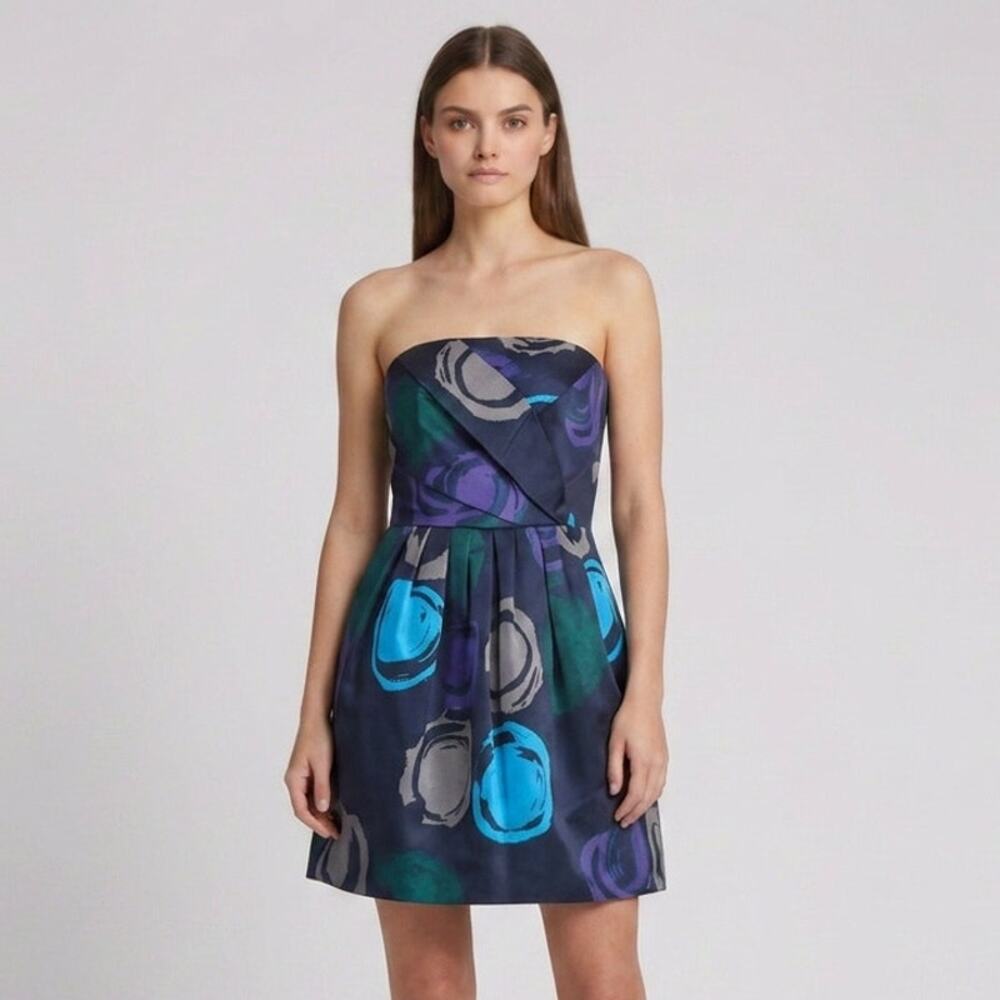A/X Armani Exchange Strapless Bubble Mini Dress Silk Look Geometric Blue Sz 2